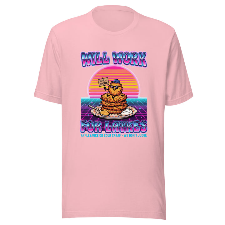 Will Work for Latkes 80s Jewish pride t-shirt in Pink - lifestyle shot