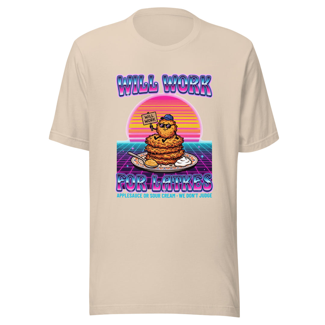 Will Work for Latkes 80s Jewish pride t-shirt in Soft Cream - folded view