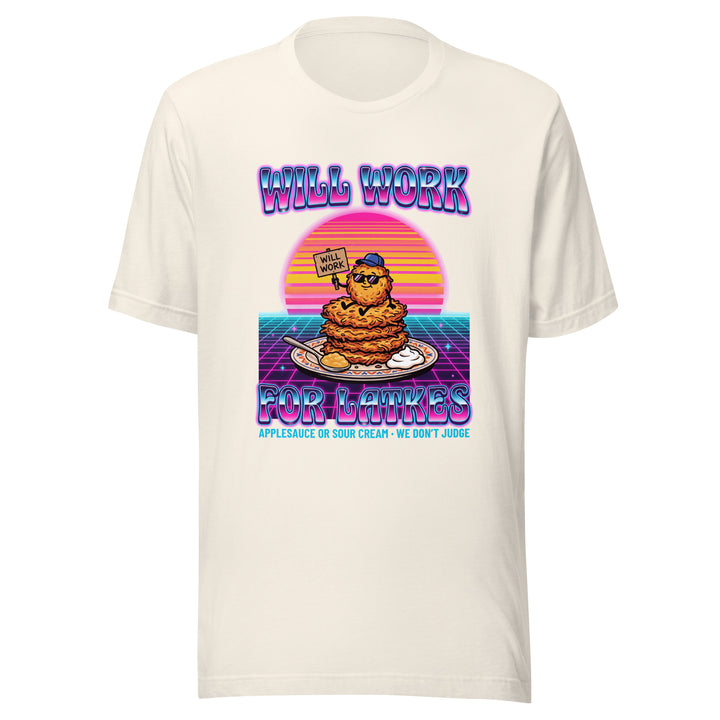 Will Work for Latkes 80s Jewish pride t-shirt in Vintage White - close-up