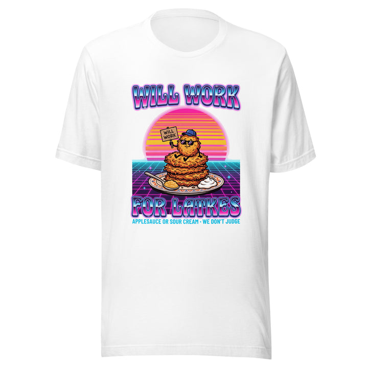 Will Work for Latkes 80s Jewish pride t-shirt in White - flat lay