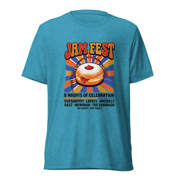 Jam Fest 8 Nights Jewish pride t-shirt in Aqua Triblend - side view