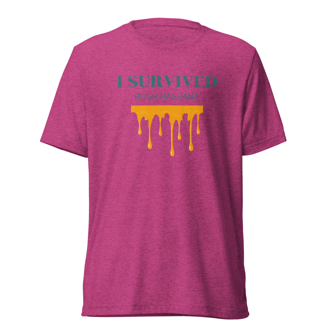 I Survived Rosh HaShana Jewish pride t-shirt in Berry Triblend - close-up