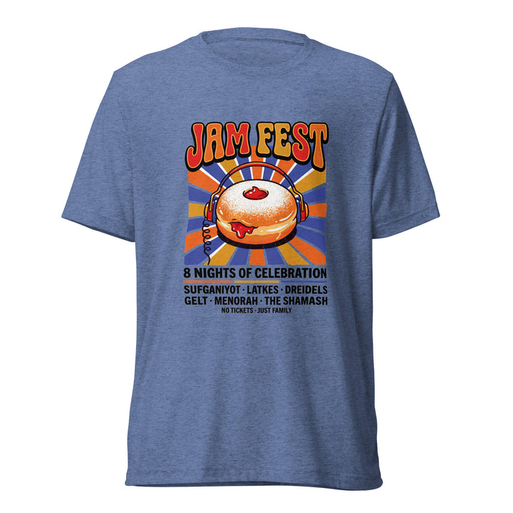 Jam Fest 8 Nights Jewish pride t-shirt in Blue Triblend - lifestyle shot