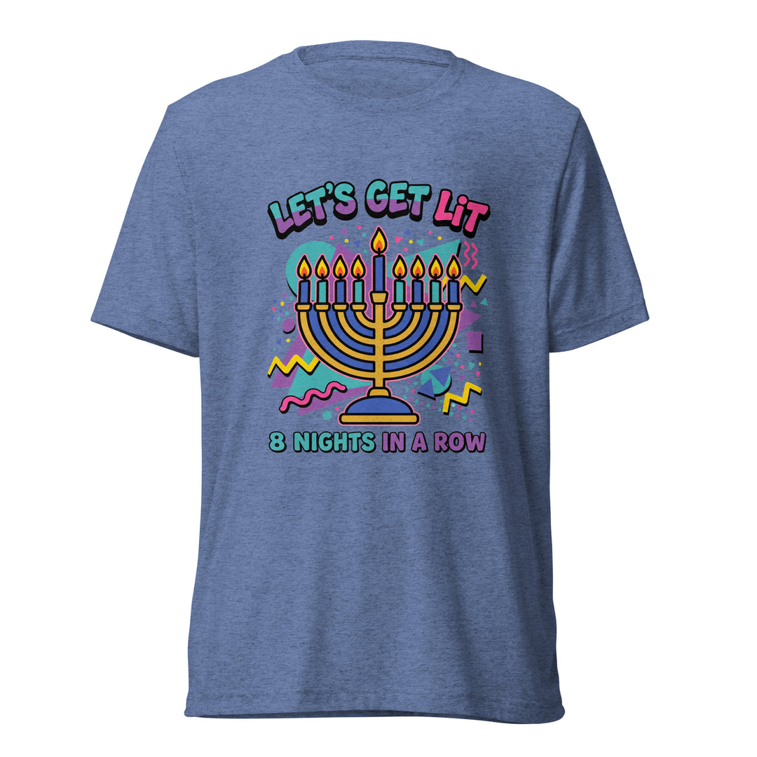 Lets Get Lit 90s Jewish pride t-shirt in Blue Triblend - lifestyle shot