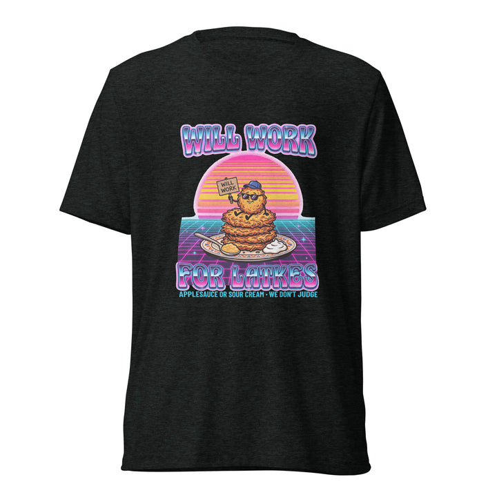 Will Work for Latkes 80s Jewish pride t-shirt in Charcoal-Black Triblend - back view