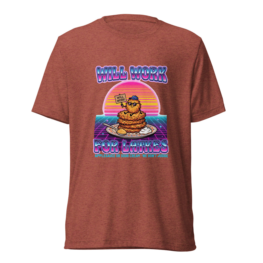 Will Work for Latkes 80s Jewish pride t-shirt in Clay Triblend - lifestyle shot