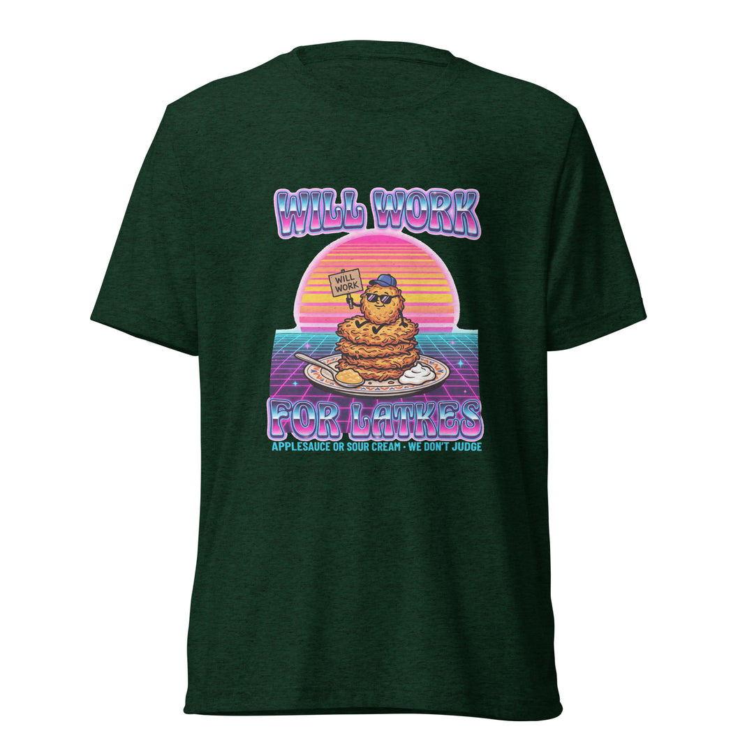 Will Work for Latkes 80s Jewish pride t-shirt in Emerald Triblend - detail view