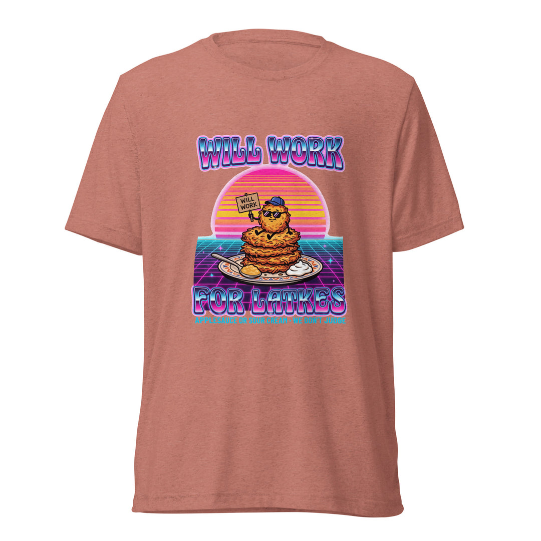 Will Work for Latkes 80s Jewish pride t-shirt in Mauve Triblend - detail view