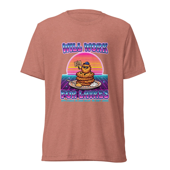 Will Work for Latkes 80s Jewish pride t-shirt in Mauve Triblend - detail view