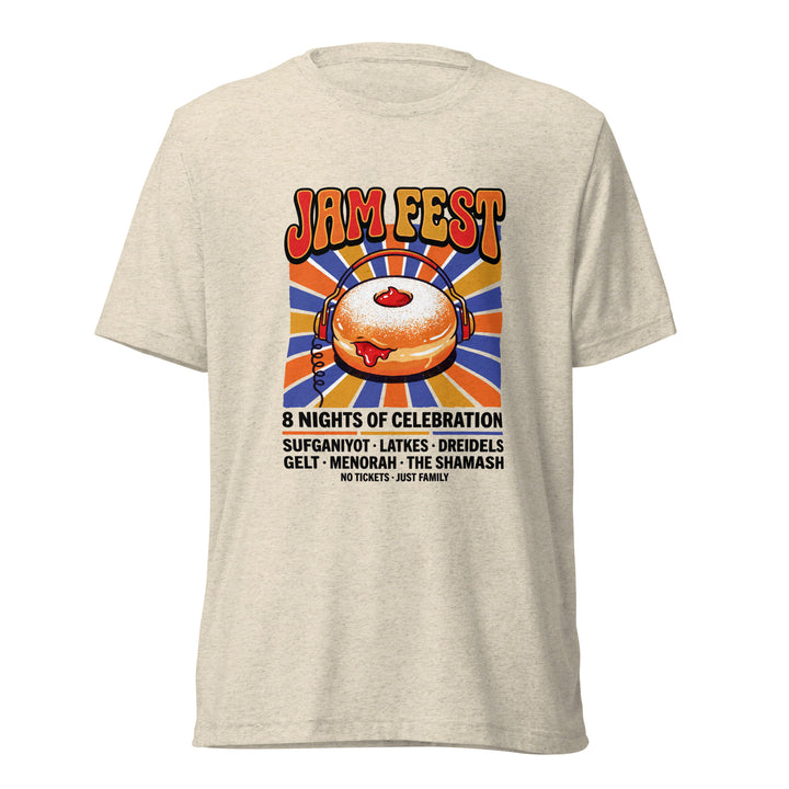 Jam Fest 8 Nights Jewish pride t-shirt in Oatmeal Triblend - flat lay