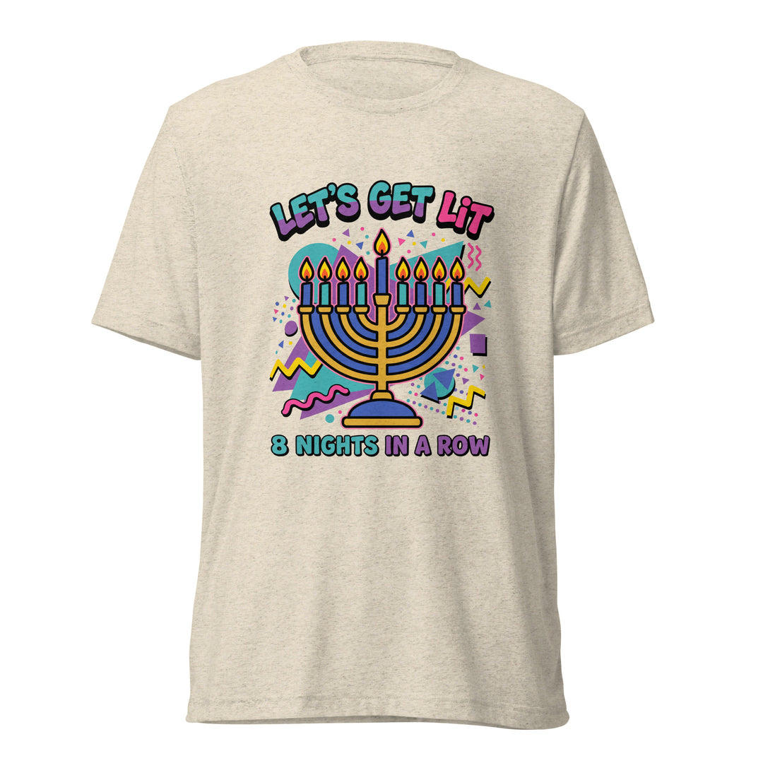 Lets Get Lit 90s Jewish pride t-shirt in Oatmeal Triblend - close-up