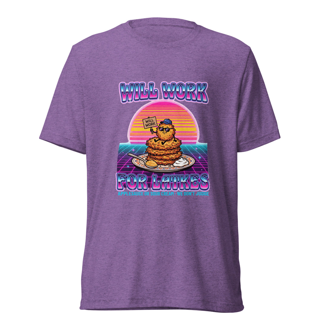 Will Work for Latkes 80s Jewish pride t-shirt in Purple Triblend - side view