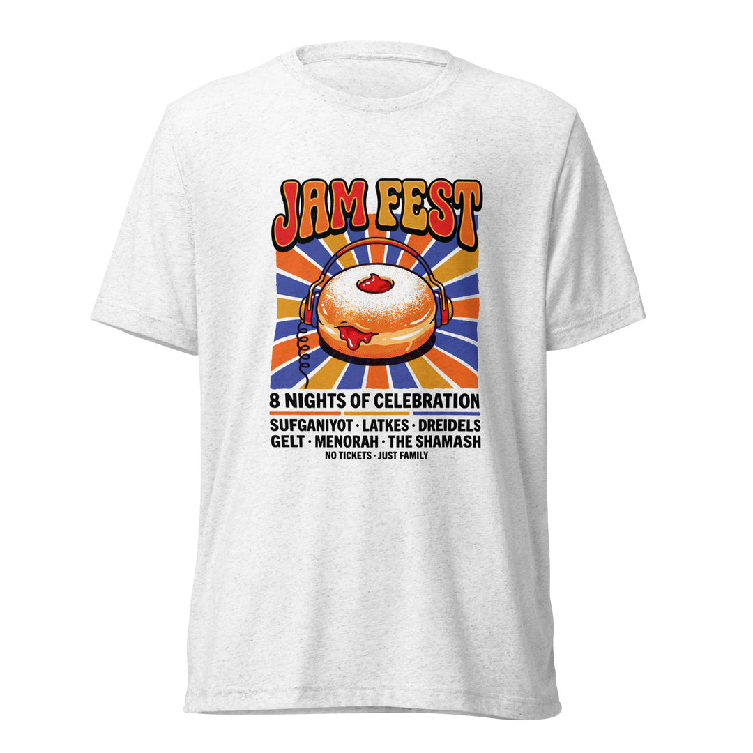 Jam Fest 8 Nights Jewish pride t-shirt in Solid White Triblend - lifestyle shot