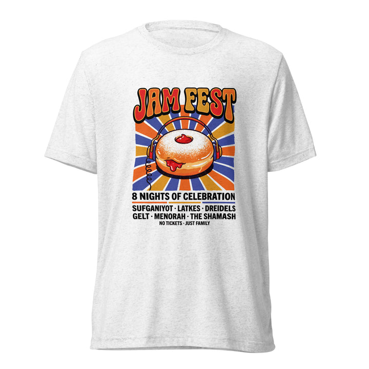Jam Fest 8 Nights Jewish pride t-shirt in Solid White Triblend - lifestyle shot