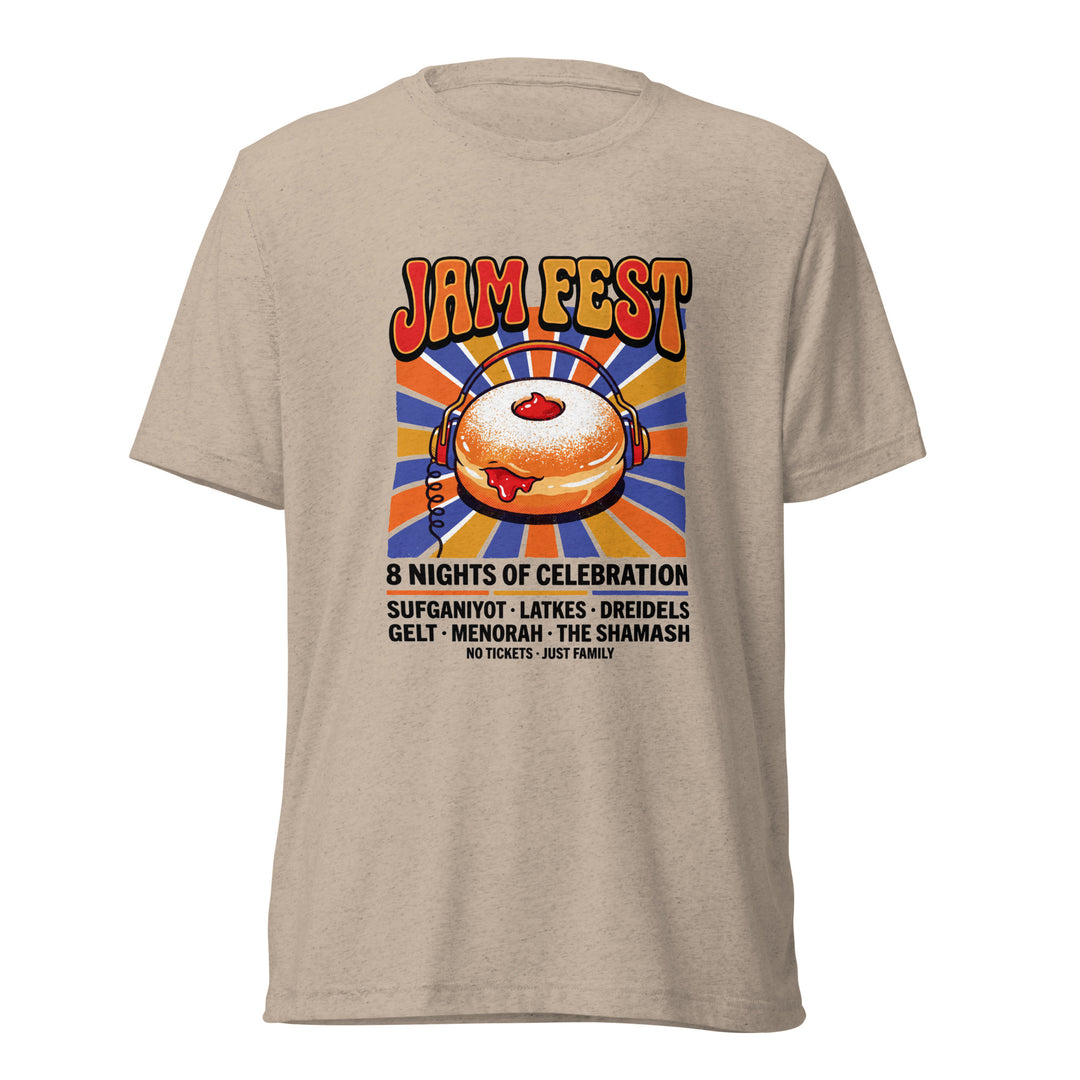 Jam Fest 8 Nights Jewish pride t-shirt in Tan Triblend - close-up