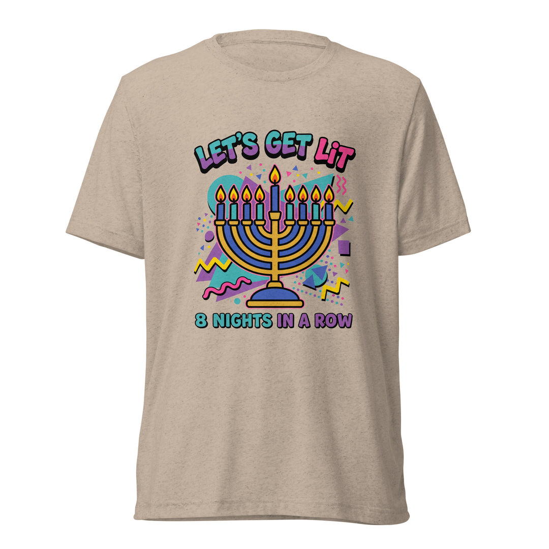 Lets Get Lit 90s Jewish pride t-shirt in Tan Triblend - detail view