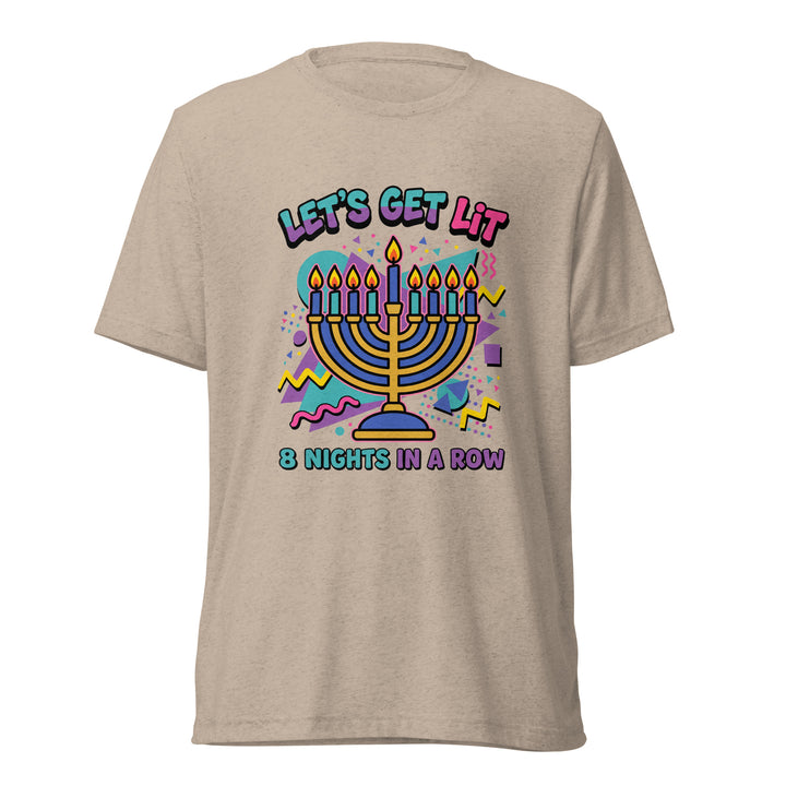 Lets Get Lit 90s Jewish pride t-shirt in Tan Triblend - detail view
