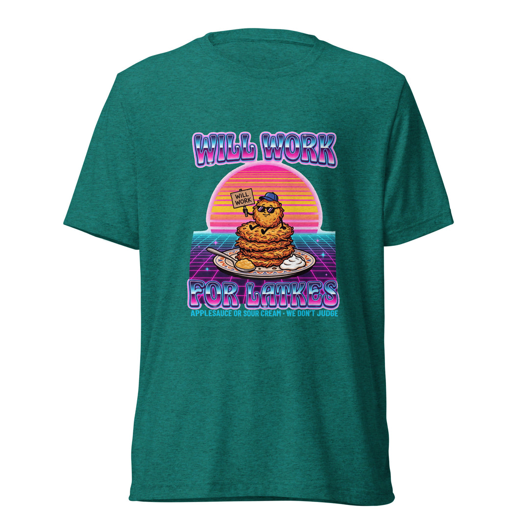 Will Work for Latkes 80s Jewish pride t-shirt in Teal Triblend - close-up