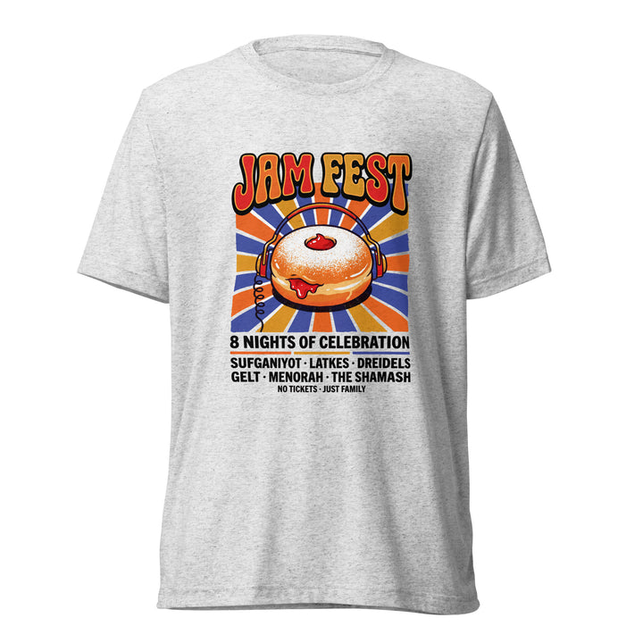 Jam Fest 8 Nights Jewish pride t-shirt in White Fleck Triblend - front view