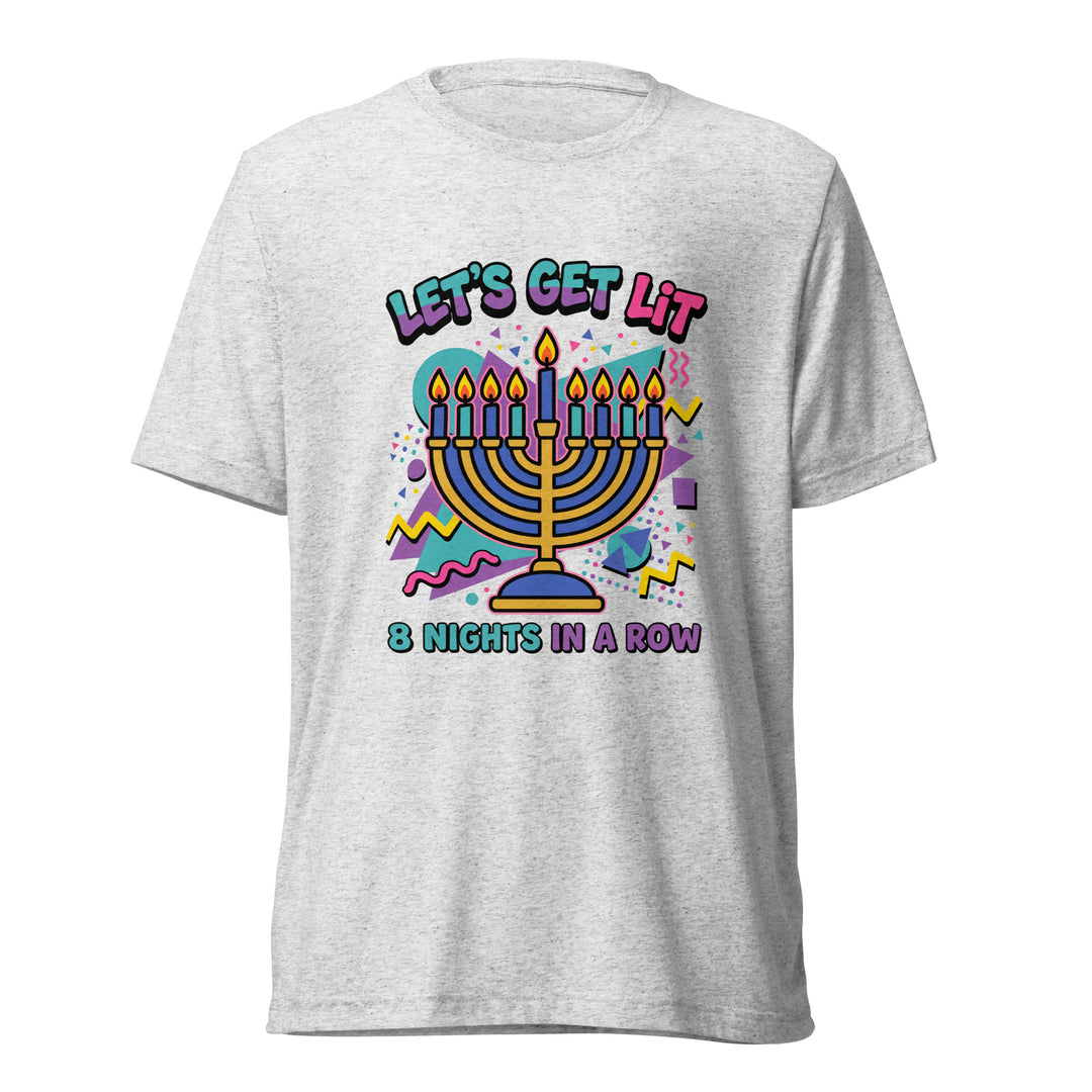 Lets Get Lit 90s Jewish pride t-shirt in White Fleck Triblend - flat lay