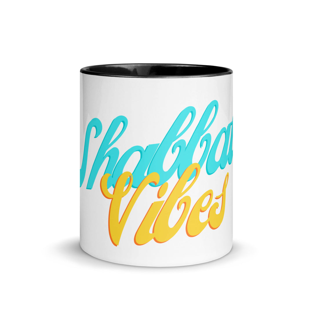 Shabbat Vibes Jewish pride mug with black inside, 11 oz - front view