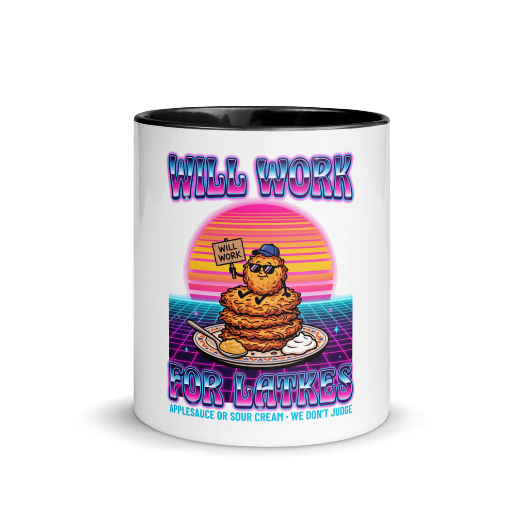 Will Work for Latkes 80s Jewish pride mug with black inside, 11 oz - front view
