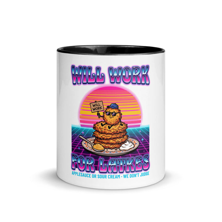 Will Work for Latkes 80s Jewish pride mug with black inside, 11 oz - front view