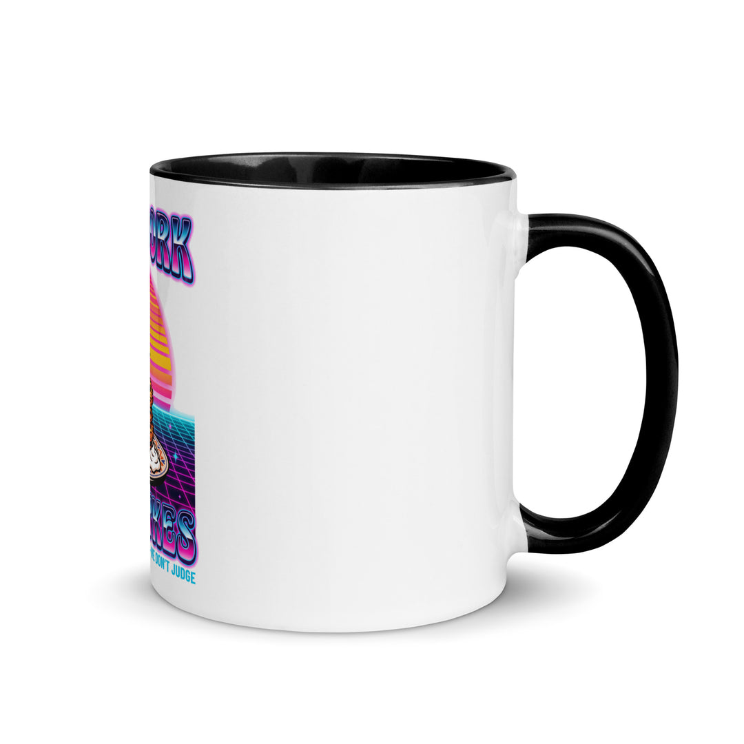 Will Work for Latkes 80s Jewish pride mug with black inside, 11 oz - right side view