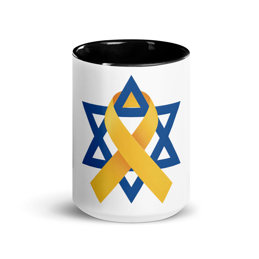 Star of David Yellow Ribbon Jewish pride mug with color inside - lifestyle shot