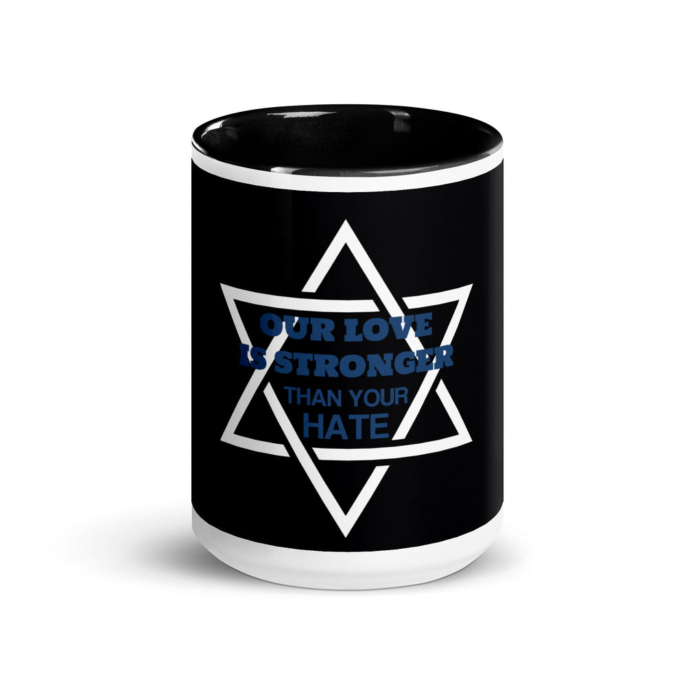 Our Love Is Stronger Jewish pride mug with color inside - lifestyle shot