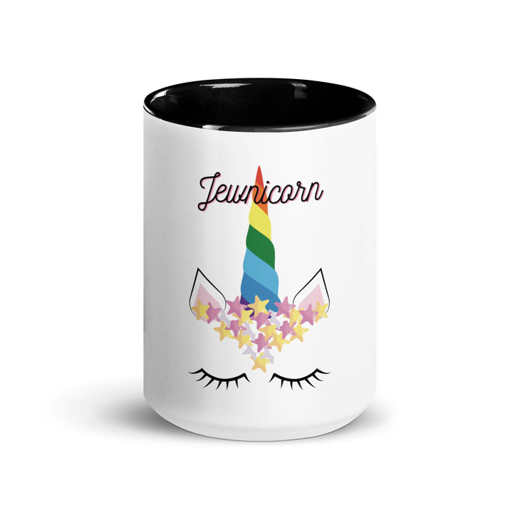 Jewnicorn Jewish pride mug with color inside - flat lay