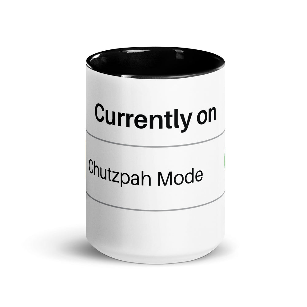 Chutzpah Mode Jewish pride mug with color inside - lifestyle shot