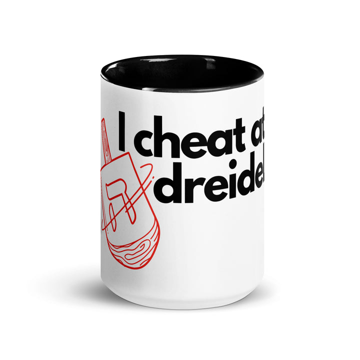 I Cheat At Dreidel Jewish pride mug with color inside - lifestyle shot