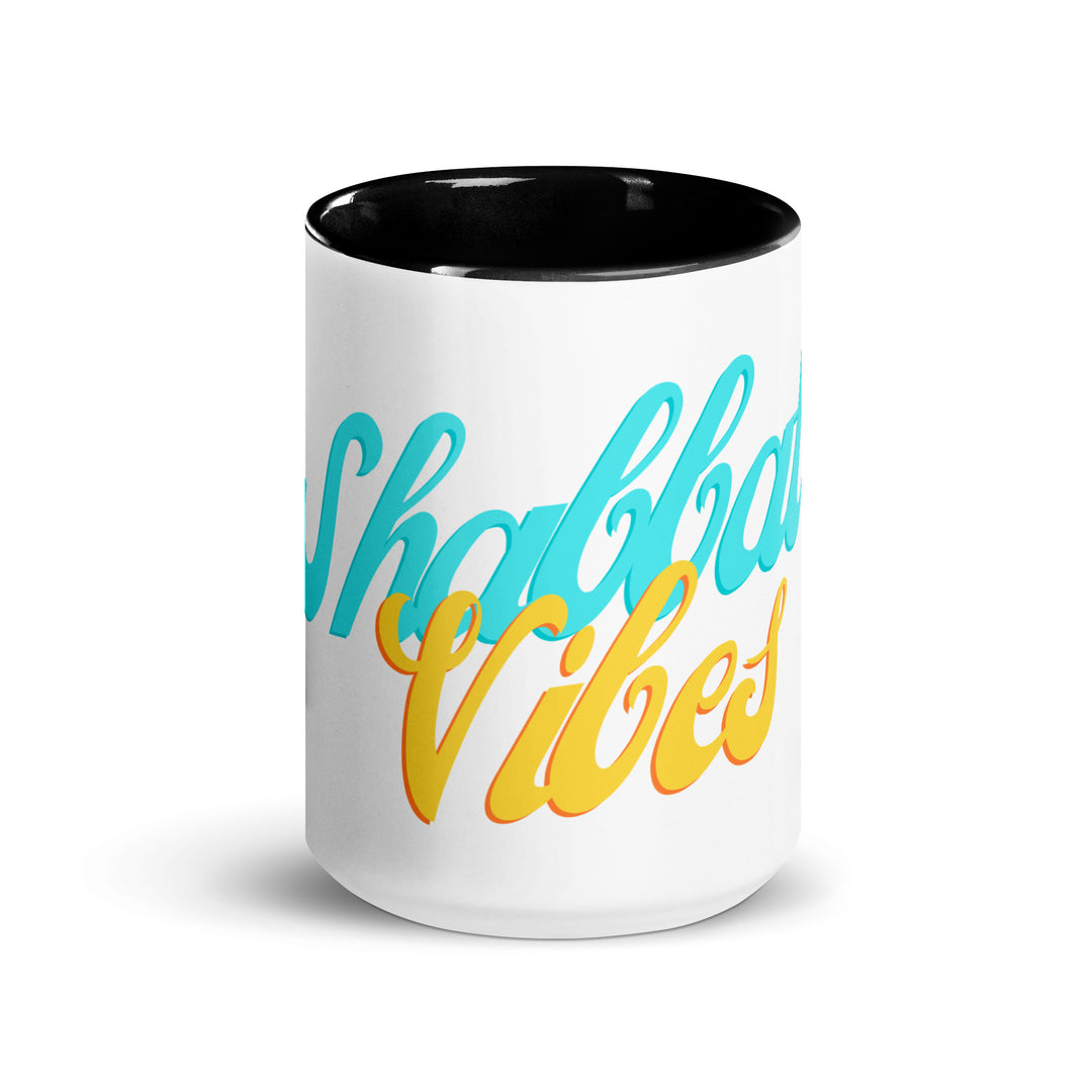 Shabbat Vibes Jewish pride mug with black inside, 15 oz - front view