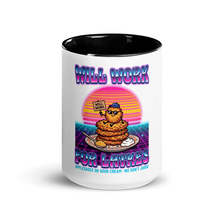 Will Work for Latkes 80s Jewish pride mug with black inside, 15 oz - front view