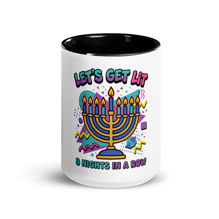 Lets Get Lit 90s Jewish pride mug with black inside, 15 oz - front view