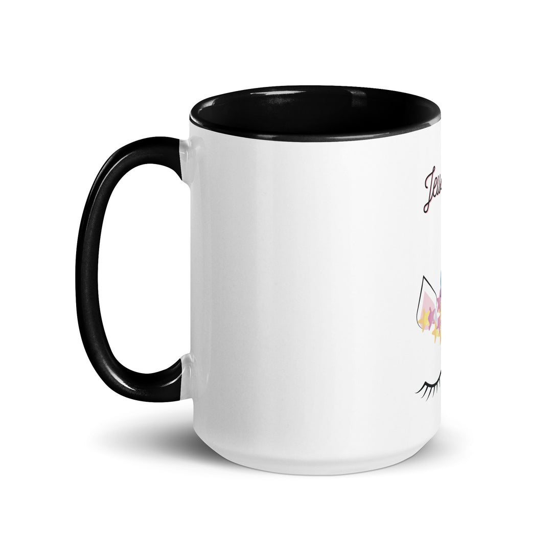 Jewnicorn Jewish pride mug with color inside - lifestyle shot