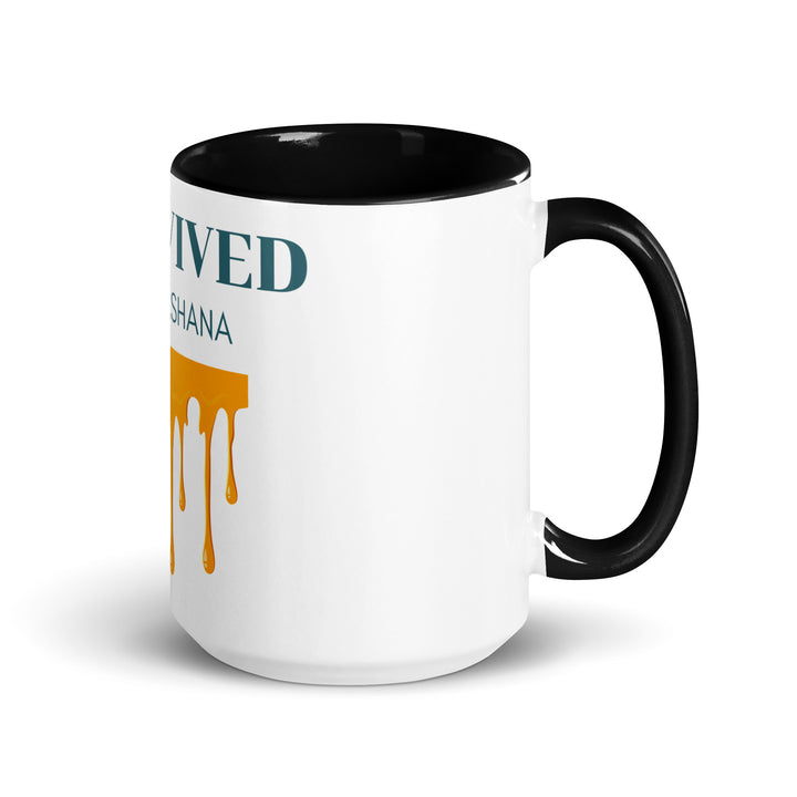 I Survived Rosh HaShana Jewish pride mug with color inside in Black - flat lay