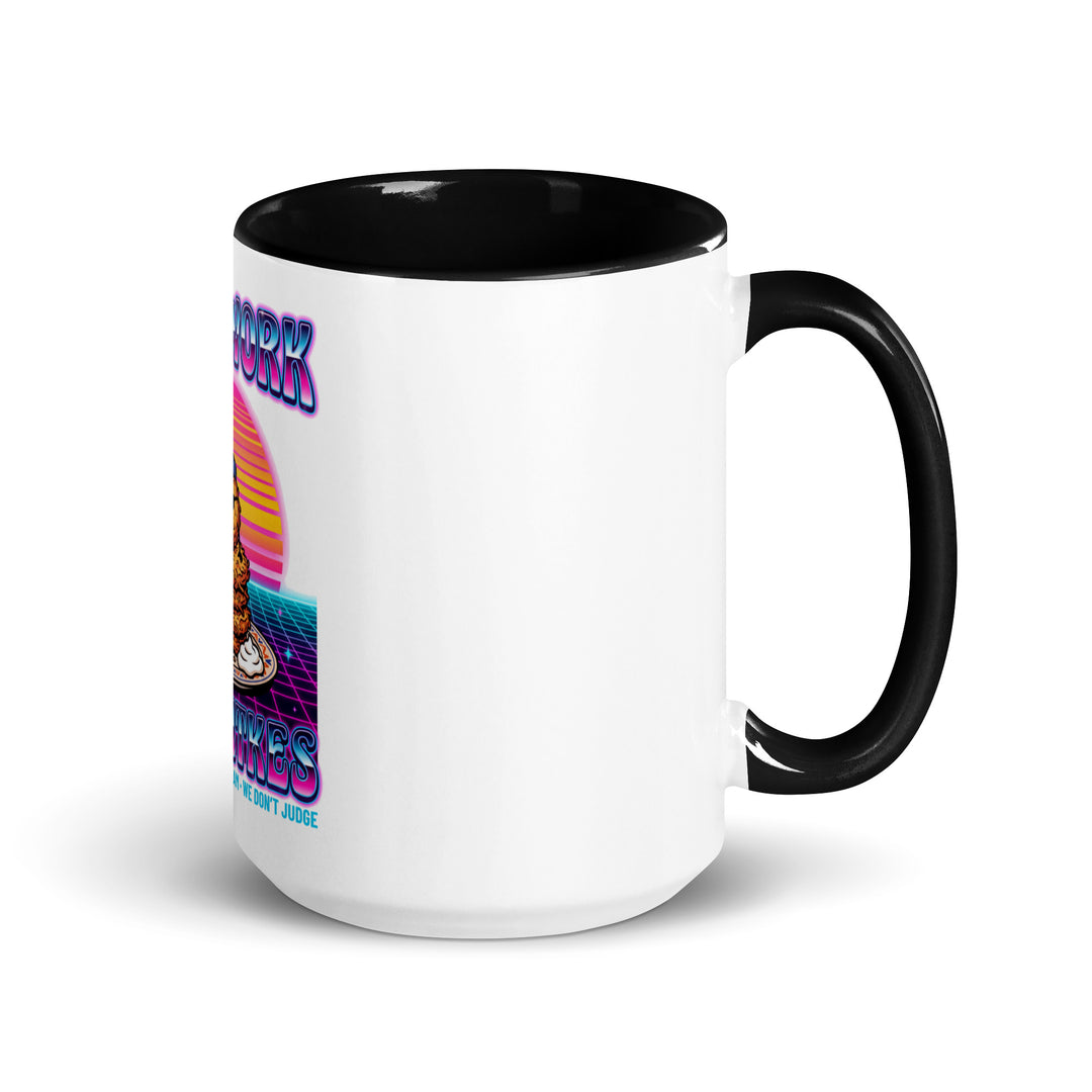 Will Work for Latkes 80s Jewish pride mug with black inside, 15 oz - right side view