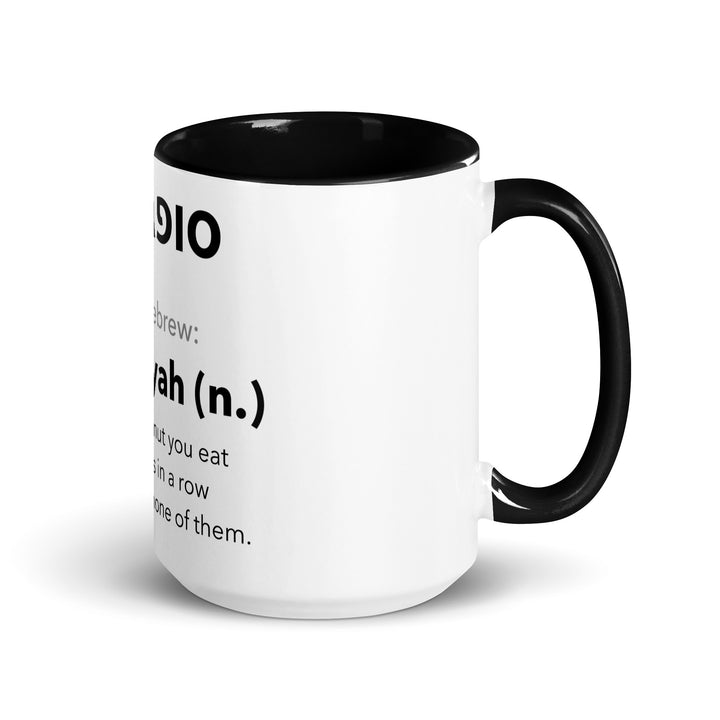 Learn Hebrew Sufganiyah Jewish pride mug with black inside, 15 oz - right side view