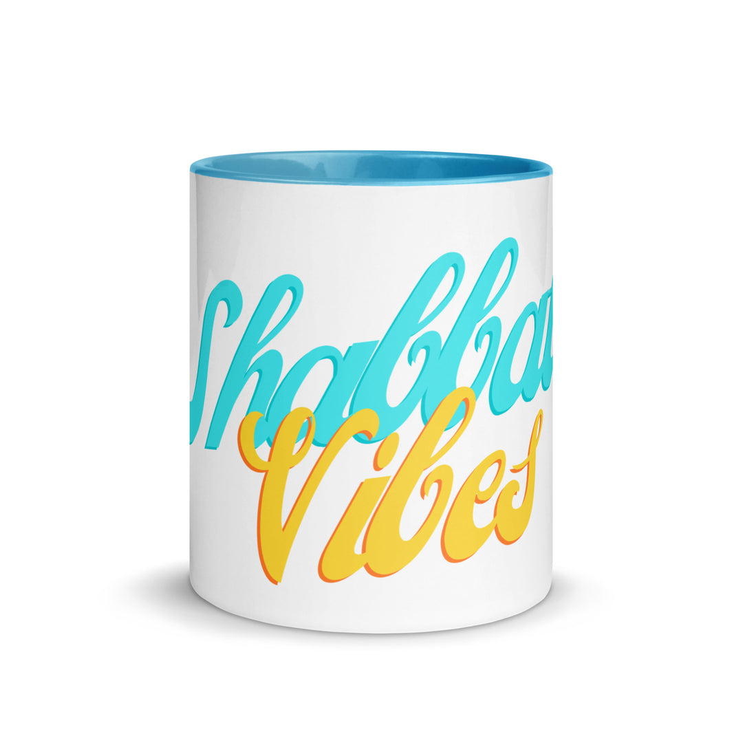 Shabbat Vibes Jewish pride mug with blue inside, 11 oz - front view