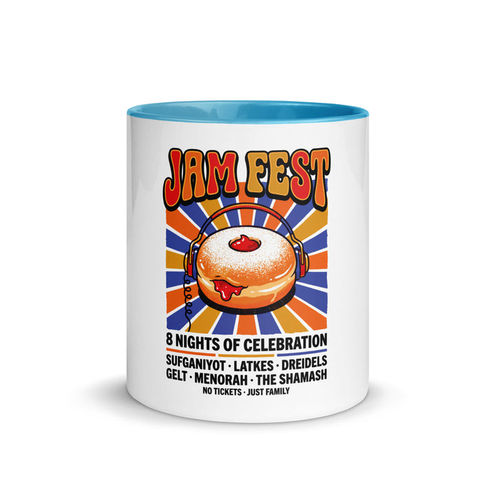 Jam Fest 8 Nights Jewish pride mug with blue inside, 11 oz - front view