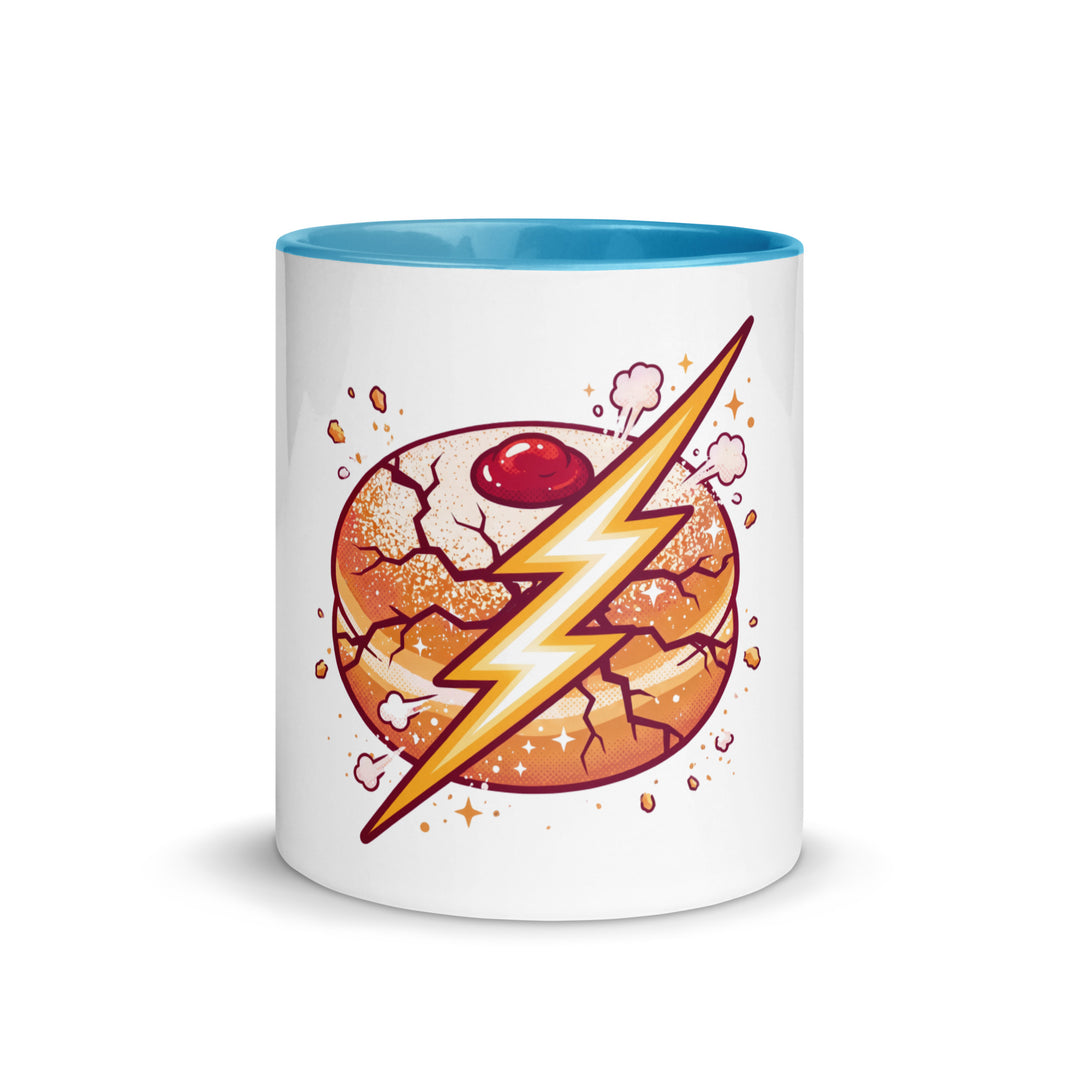 Sufganiyah Lightning Jewish pride mug with blue inside, 11 oz - front view