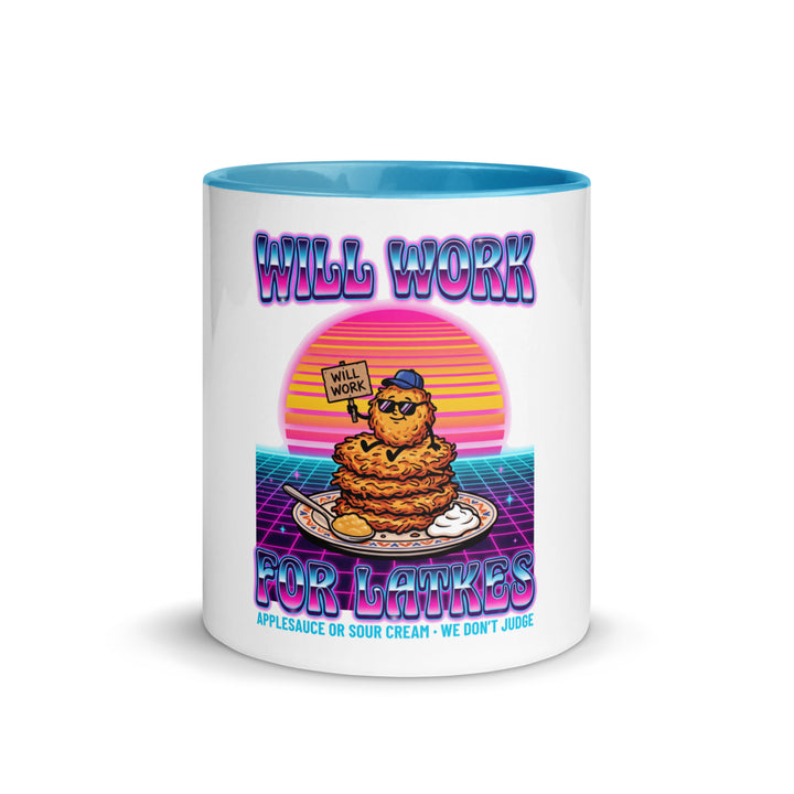 Will Work for Latkes 80s Jewish pride mug with blue inside, 11 oz - front view