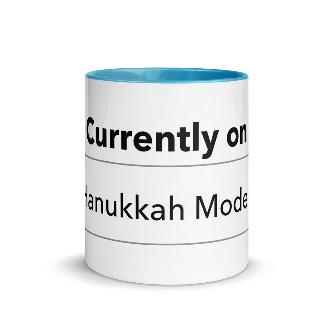 Hanukkah Mode Jewish pride mug with blue inside, 11 oz - front view
