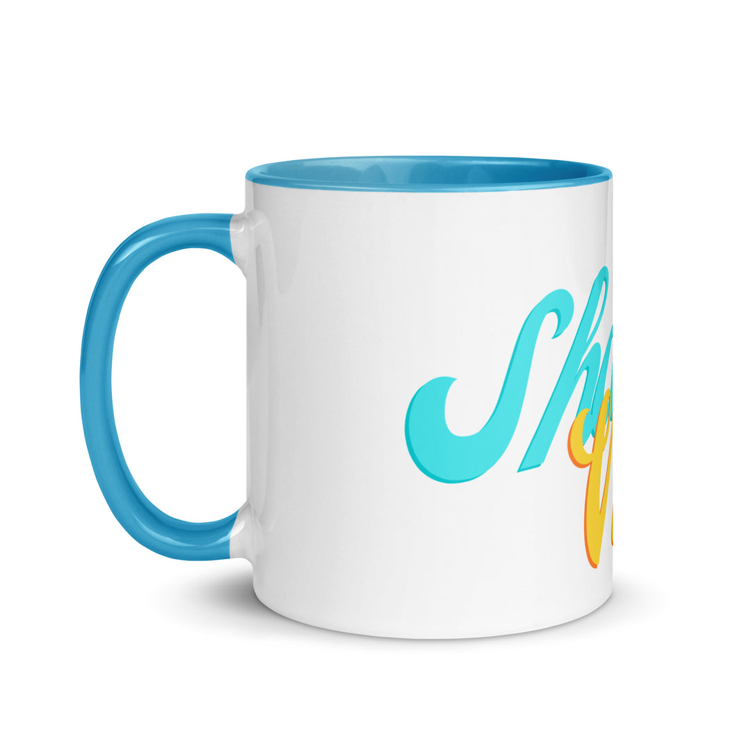 Shabbat Vibes Jewish pride mug with blue inside, 11 oz - left side view