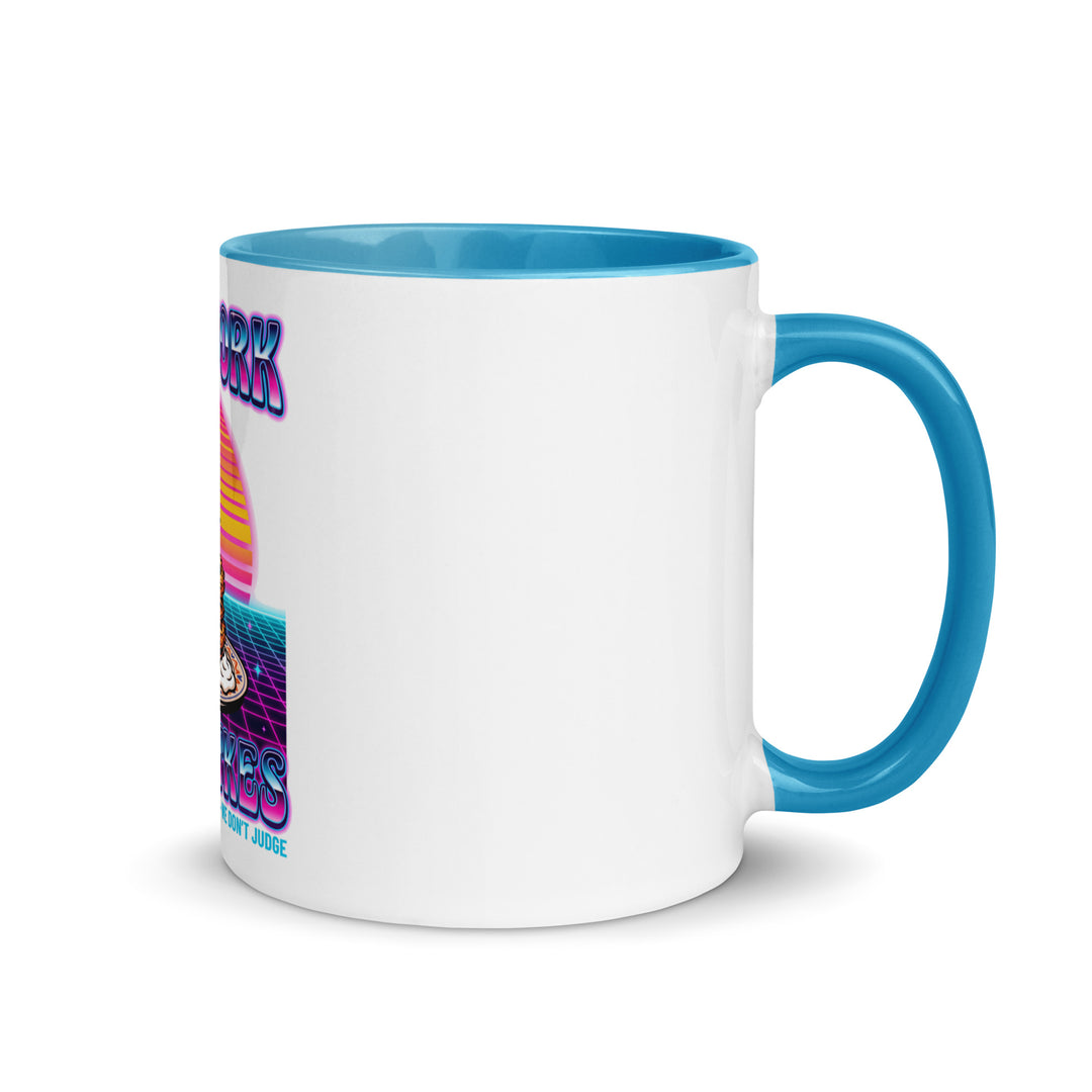 Will Work for Latkes 80s Jewish pride mug with blue inside, 11 oz - right side view