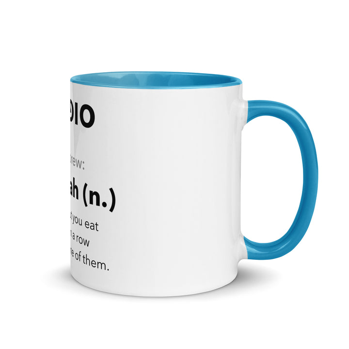 Learn Hebrew Sufganiyah Jewish pride mug with blue inside, 11 oz - right side view