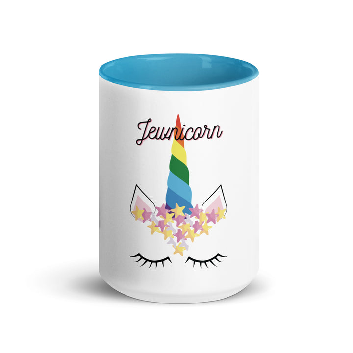 Jewnicorn Jewish pride mug with color inside - flat lay