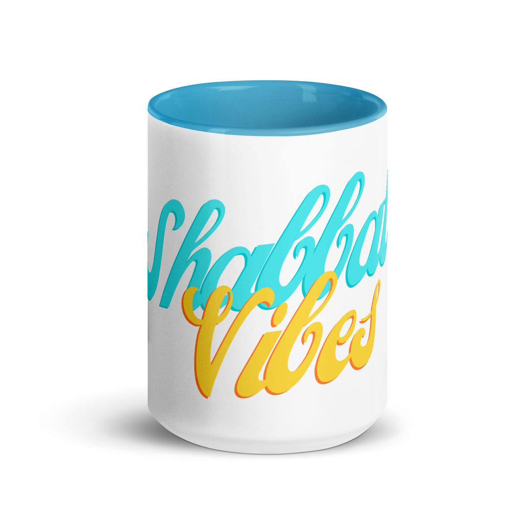 Shabbat Vibes Jewish pride mug with blue inside, 15 oz - front view